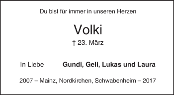 Traueranzeige von Volki  von Trauerportal Rhein Main Presse