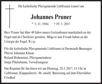 Traueranzeige von Johannes Pruner von Trauerportal Echo Online