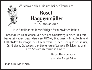 Traueranzeige von Rosel Haggenmüller von  Gießener Anzeiger