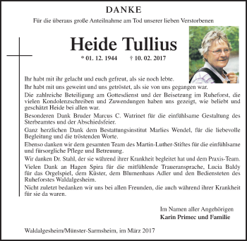 Traueranzeige von Heide Tullius von Trauerportal Rhein Main Presse