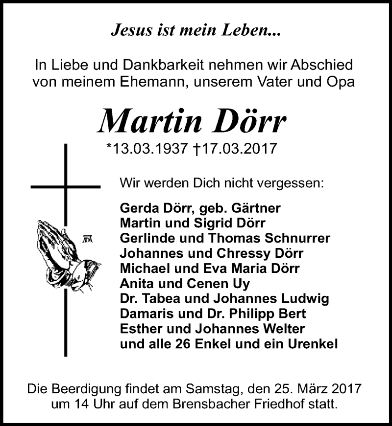  Traueranzeige für Martin Dörr vom 22.03.2017 aus Trauerportal Echo Online
