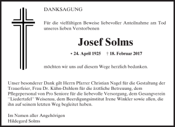 Traueranzeige von Josef Solms von Trauerportal Rhein Main Presse