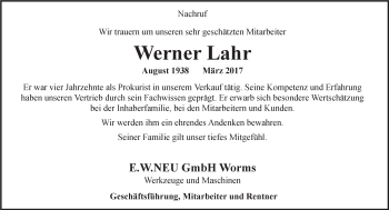 Traueranzeige von Werner Lahr von Trauerportal Rhein Main Presse