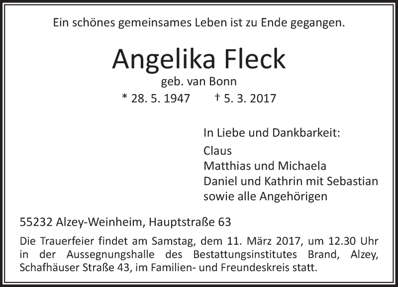  Traueranzeige für Angelika Fleck vom 07.03.2017 aus Trauerportal Rhein Main Presse