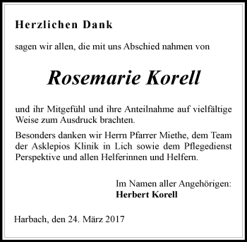 Traueranzeige von Rosemarie Korell von  Gießener Anzeiger