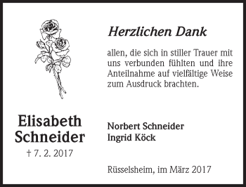 Traueranzeige von Elisabeth Schneider von Trauerportal Rhein Main Presse