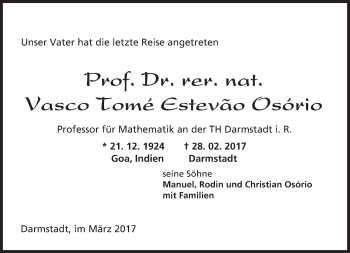 Traueranzeige von Vasco Tomé Estevão Osório von Trauerportal Echo Online