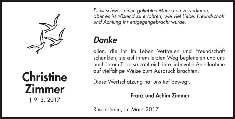  Traueranzeige für Christine Zimmer vom 25.03.2017 aus Trauerportal Rhein Main Presse