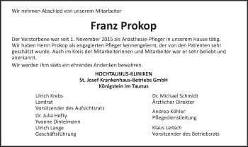 Traueranzeige von Franz Prokop von Trauerportal Rhein Main Presse