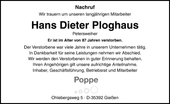 Traueranzeige von Hans Dieter Ploghaus von  Gießener Anzeiger
