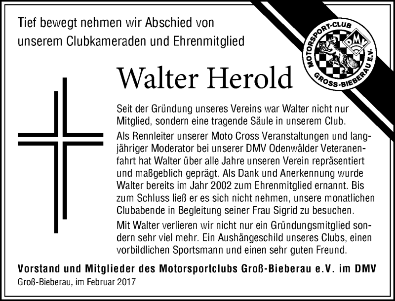  Traueranzeige für Walter Herold vom 02.03.2017 aus Trauerportal Echo Online