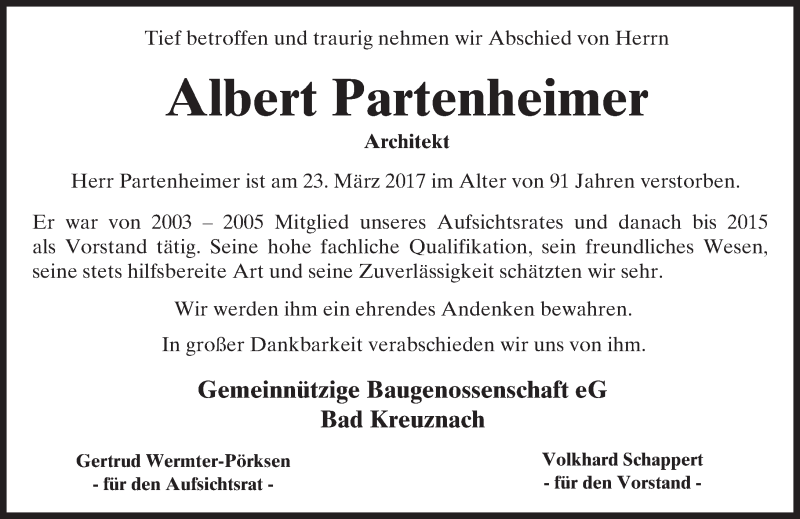  Traueranzeige für Albert Partenheimer vom 31.03.2017 aus Trauerportal Rhein Main Presse