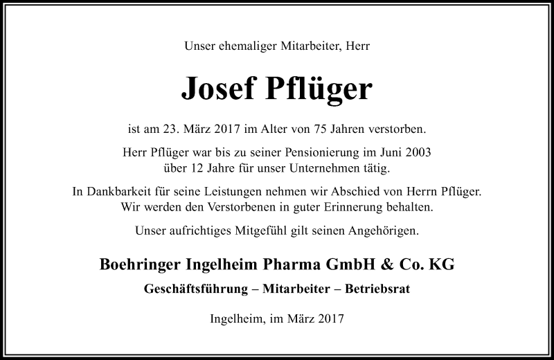  Traueranzeige für Josef Pflüger vom 31.03.2017 aus Trauerportal Rhein Main Presse