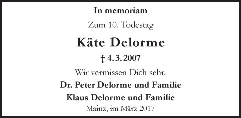  Traueranzeige für Käte Delorme vom 04.03.2017 aus Trauerportal Rhein Main Presse