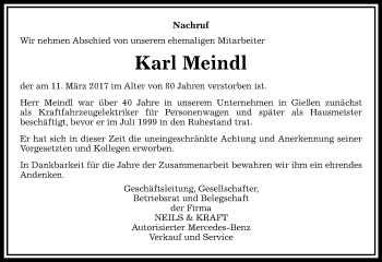 Traueranzeige von Karl Meindl von  Gießener Anzeiger