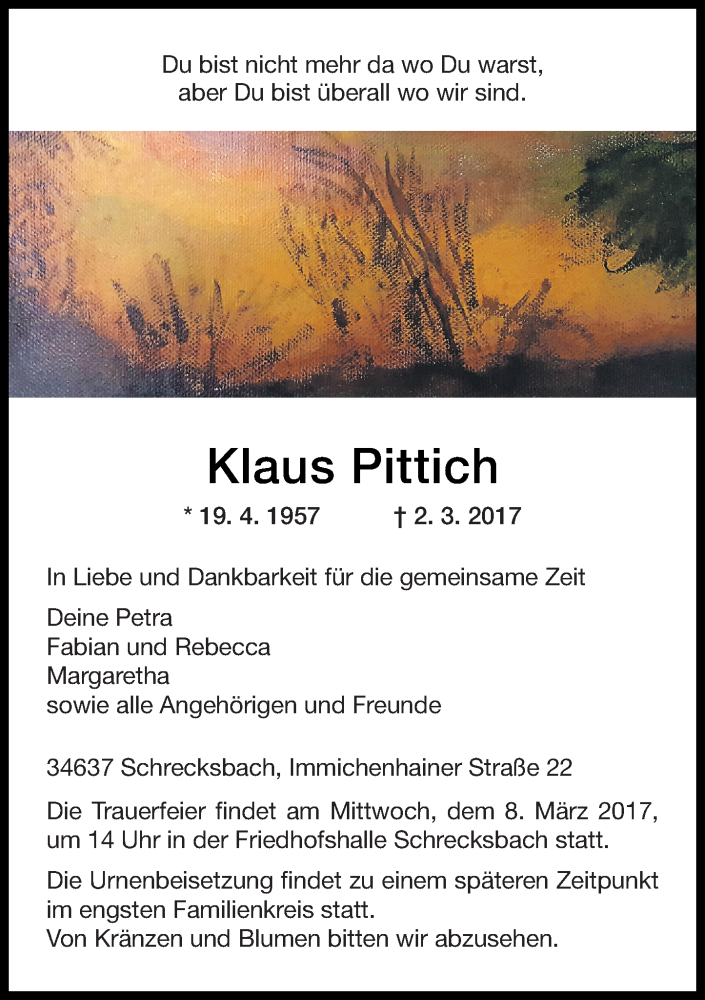 Traueranzeige für Klaus Pittich vom 04.03.2017 aus VRM Trauer