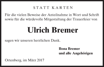 Traueranzeige von Ulrich Bremer von  Kreisanzeiger