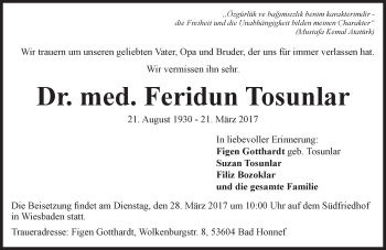 Traueranzeige von Feridun Tosunlar von Trauerportal Rhein Main Presse