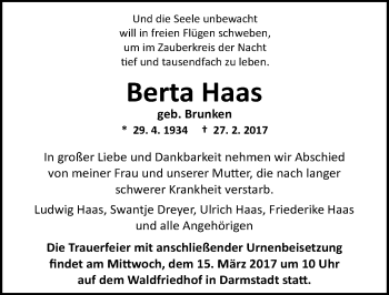Traueranzeige von Berta Haas von Trauerportal Echo Online