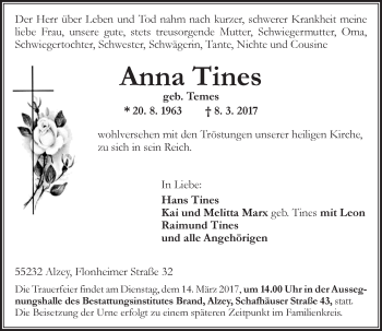 Traueranzeige von Anna Tines von Trauerportal Rhein Main Presse