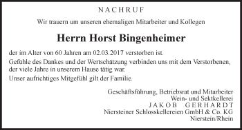 Traueranzeige von Horst Bingenheimer von Trauerportal Rhein Main Presse