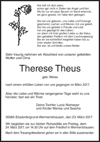 Traueranzeige von Therese Theus von  Gießener Anzeiger