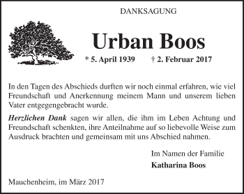 Traueranzeige von Urban Boos von Trauerportal Rhein Main Presse