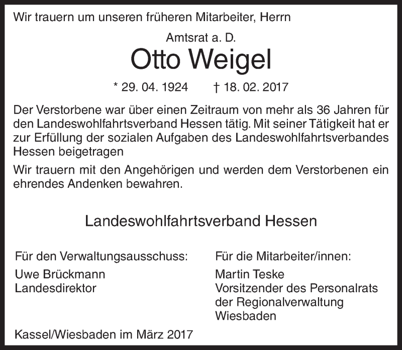  Traueranzeige für Otto Weigel vom 14.03.2017 aus Trauerportal Rhein Main Presse