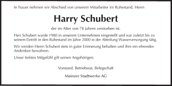 Traueranzeige von Harry Schubert von Trauerportal Rhein Main Presse