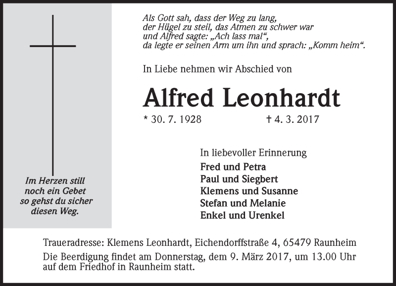  Traueranzeige für Alfred Leonhardt vom 07.03.2017 aus Trauerportal Rhein Main Presse