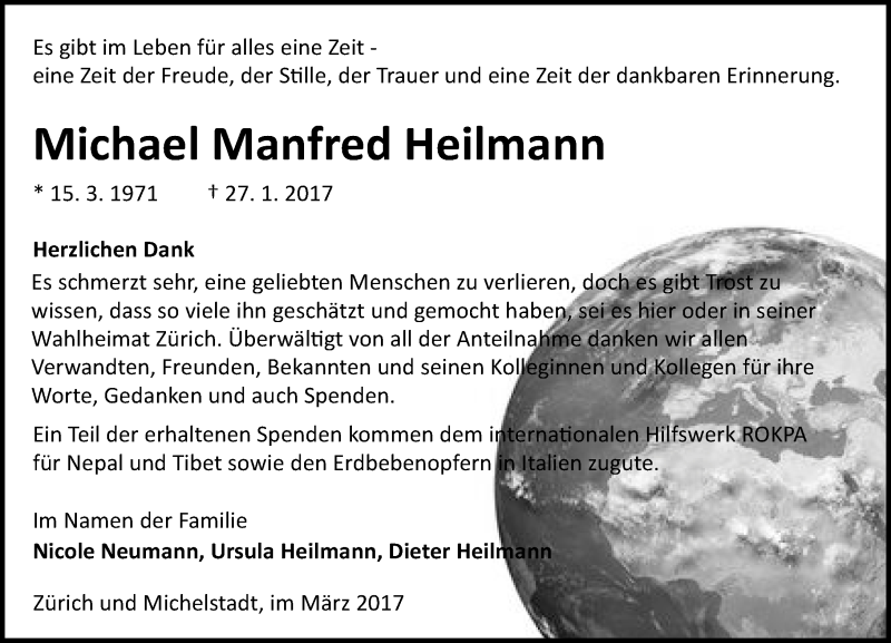  Traueranzeige für Michael Manfred Heilmann vom 04.03.2017 aus Trauerportal Echo Online