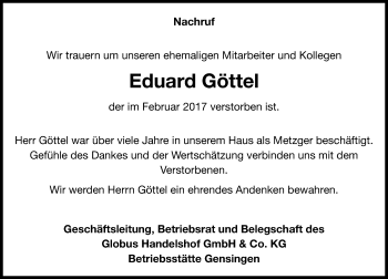 Traueranzeige von Eduard Göttel von Trauerportal Rhein Main Presse