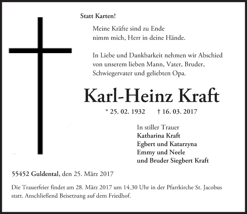  Traueranzeige für Karl-Heinz Kraft vom 25.03.2017 aus Trauerportal Rhein Main Presse