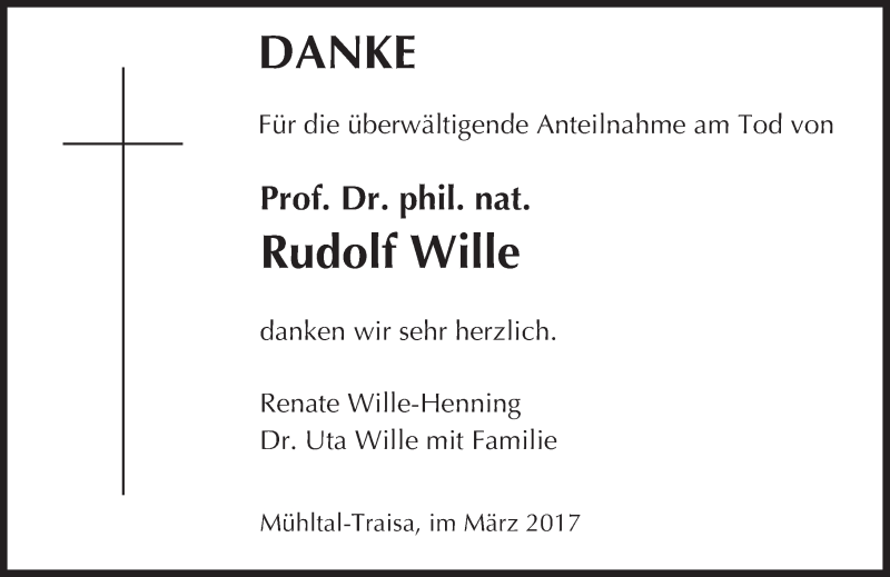  Traueranzeige für Rudolf Wille vom 25.03.2017 aus Trauerportal Echo Online