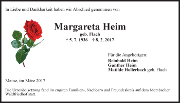 Traueranzeige von Margareta Heim von Trauerportal Rhein Main Presse