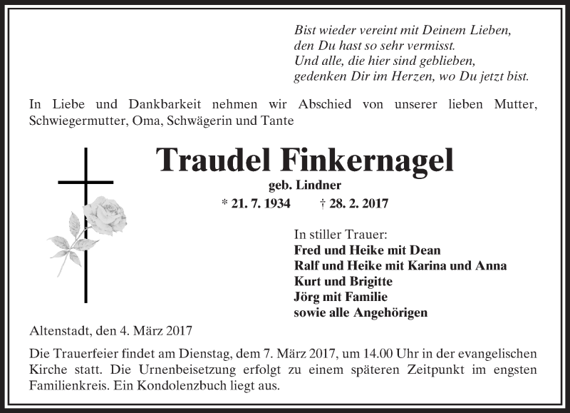  Traueranzeige für Traudel Finkernagel vom 04.03.2017 aus  Kreisanzeiger
