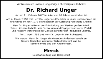 Traueranzeige von Richard Unger von Trauerportal Echo Online