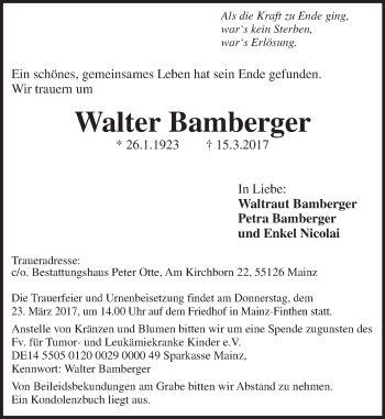 Traueranzeige von Walter Bamberger von Trauerportal Rhein Main Presse