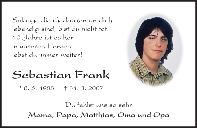  Traueranzeige für Sebastian Frank vom 31.03.2017 aus Trauerportal Rhein Main Presse