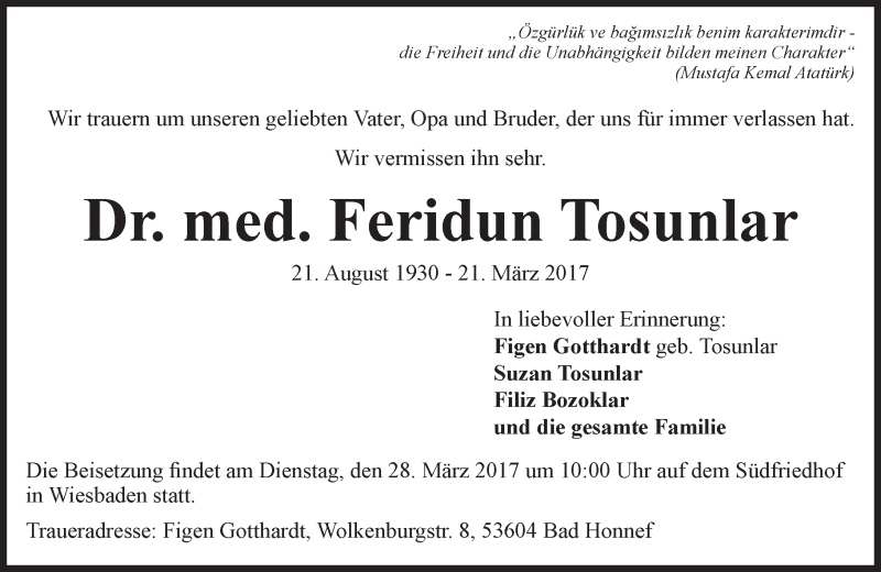  Traueranzeige für Feridun Tosunlar vom 25.03.2017 aus Trauerportal Rhein Main Presse