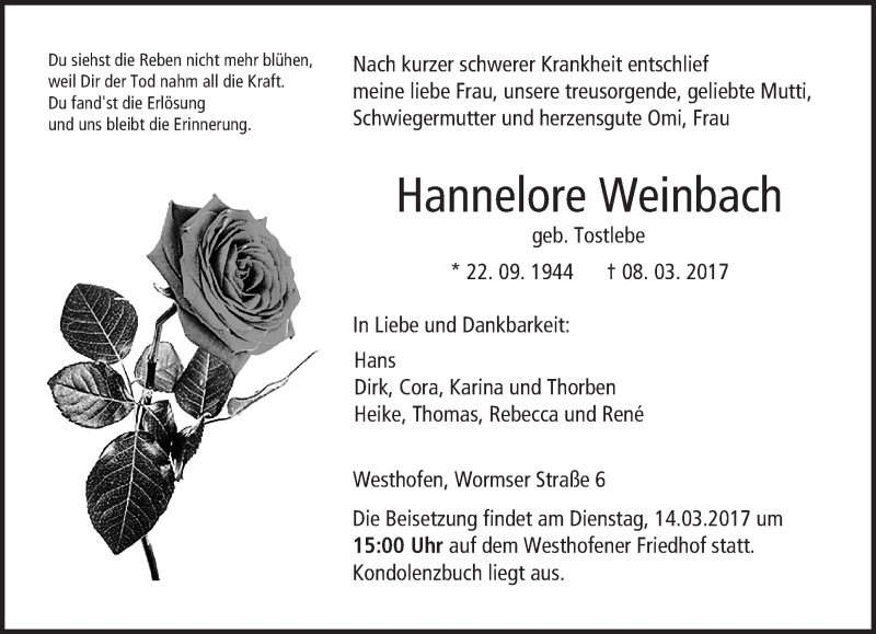 Traueranzeige für Hannelore Weinbach vom 11.03.2017 aus Trauerportal Rhein Main Presse