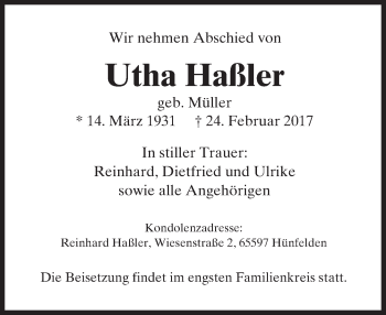 Traueranzeige von Utha Haßler von  Camberger Anzeiger