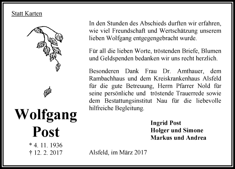  Traueranzeige für Wolfgang Post vom 18.03.2017 aus VRM Trauer