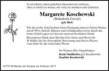 Traueranzeige von Margarete Koschewski von Trauerportal Rhein Main Presse