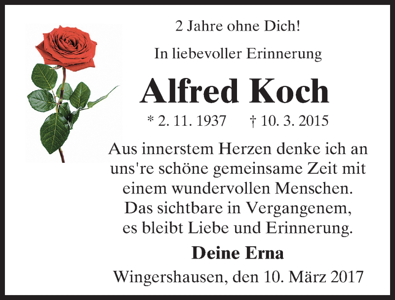  Traueranzeige für Alfred Koch vom 10.03.2017 aus  Kreisanzeiger