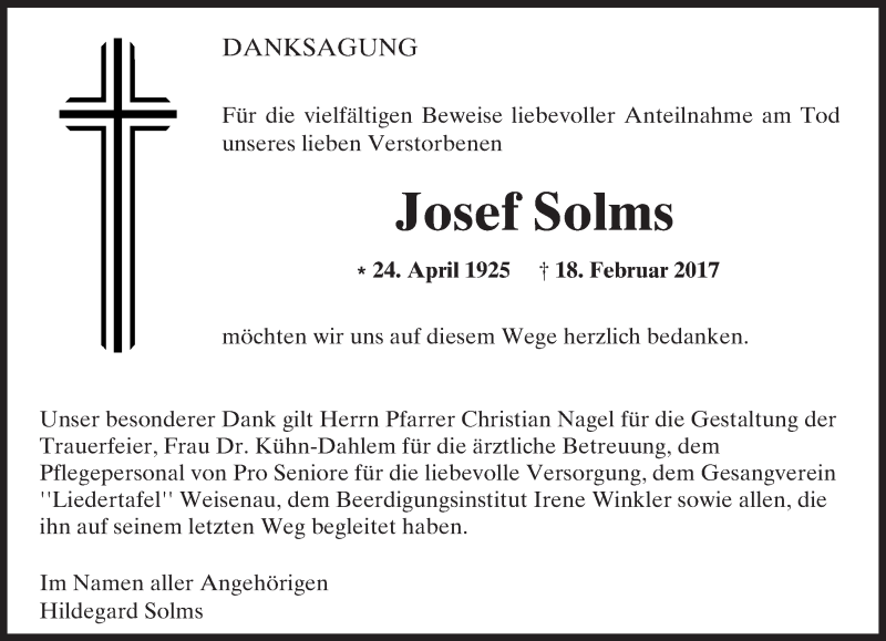  Traueranzeige für Josef Solms vom 10.03.2017 aus Trauerportal Rhein Main Presse