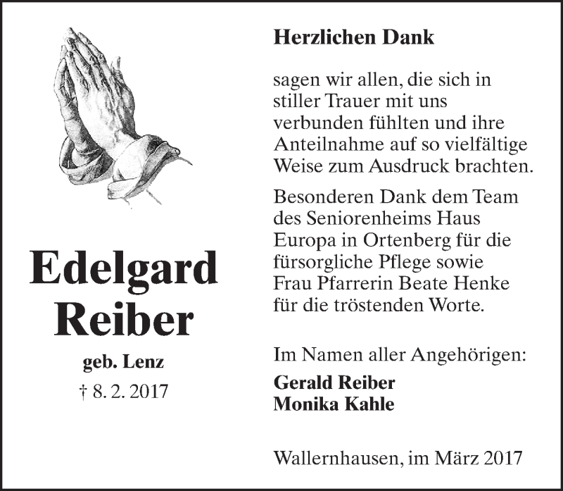  Traueranzeige für Edelgard Reiber vom 18.03.2017 aus  Kreisanzeiger