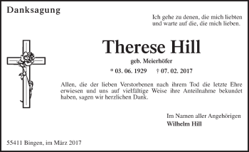Traueranzeige von Therese Hill von Trauerportal Rhein Main Presse