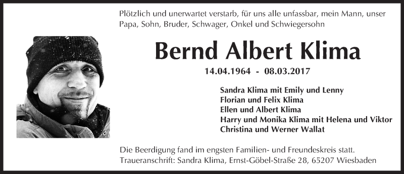  Traueranzeige für Bernd Albert Klima vom 25.03.2017 aus Trauerportal Rhein Main Presse