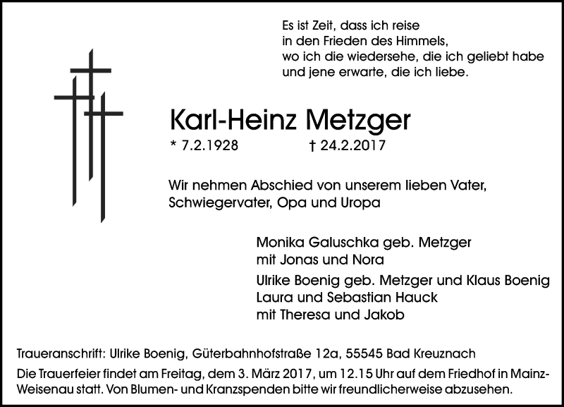  Traueranzeige für Karl-Heinz Metzger vom 02.03.2017 aus Trauerportal Rhein Main Presse